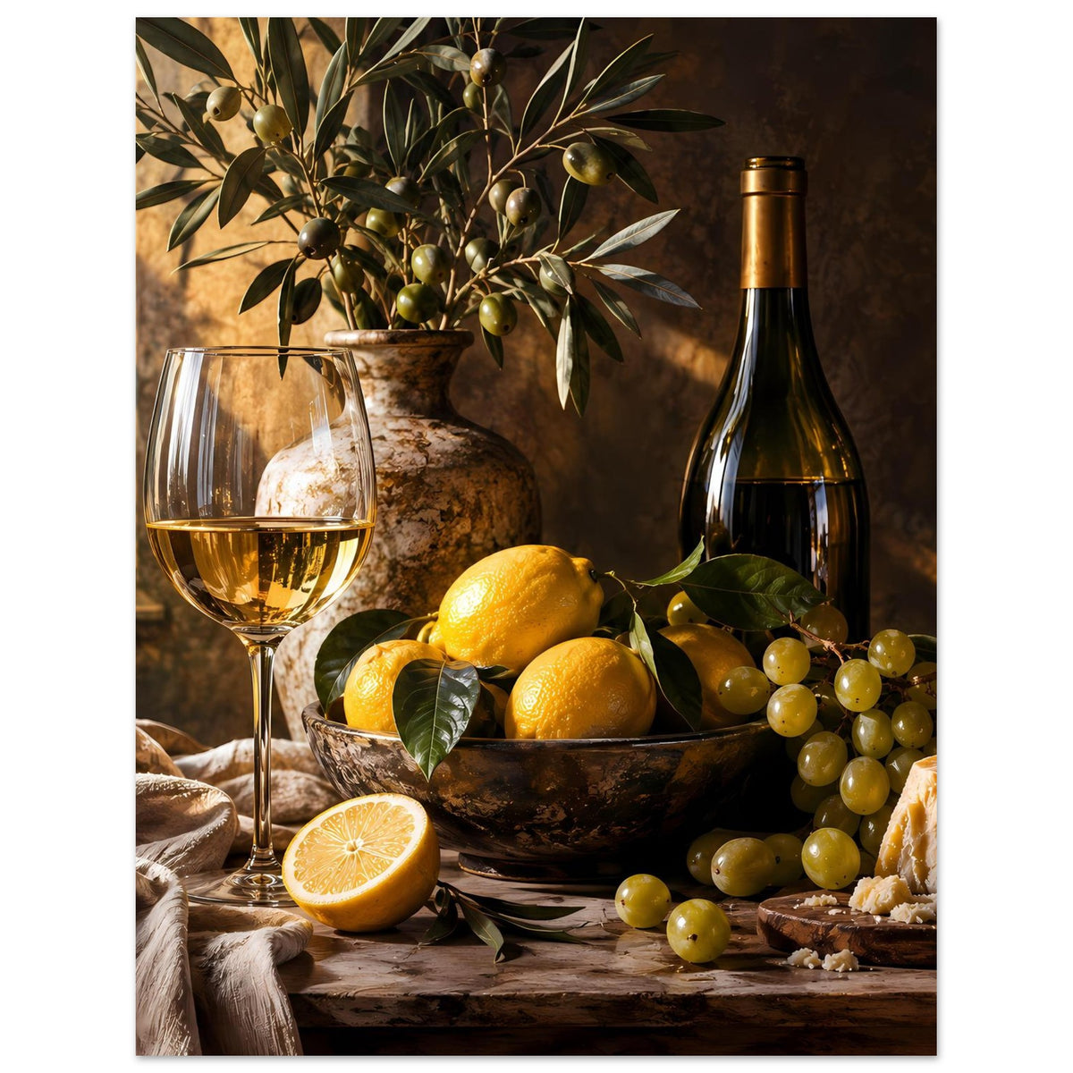 Poster mit Weinflasche und Weinglas, Zitronen, grünen Trauben und Käseplatte