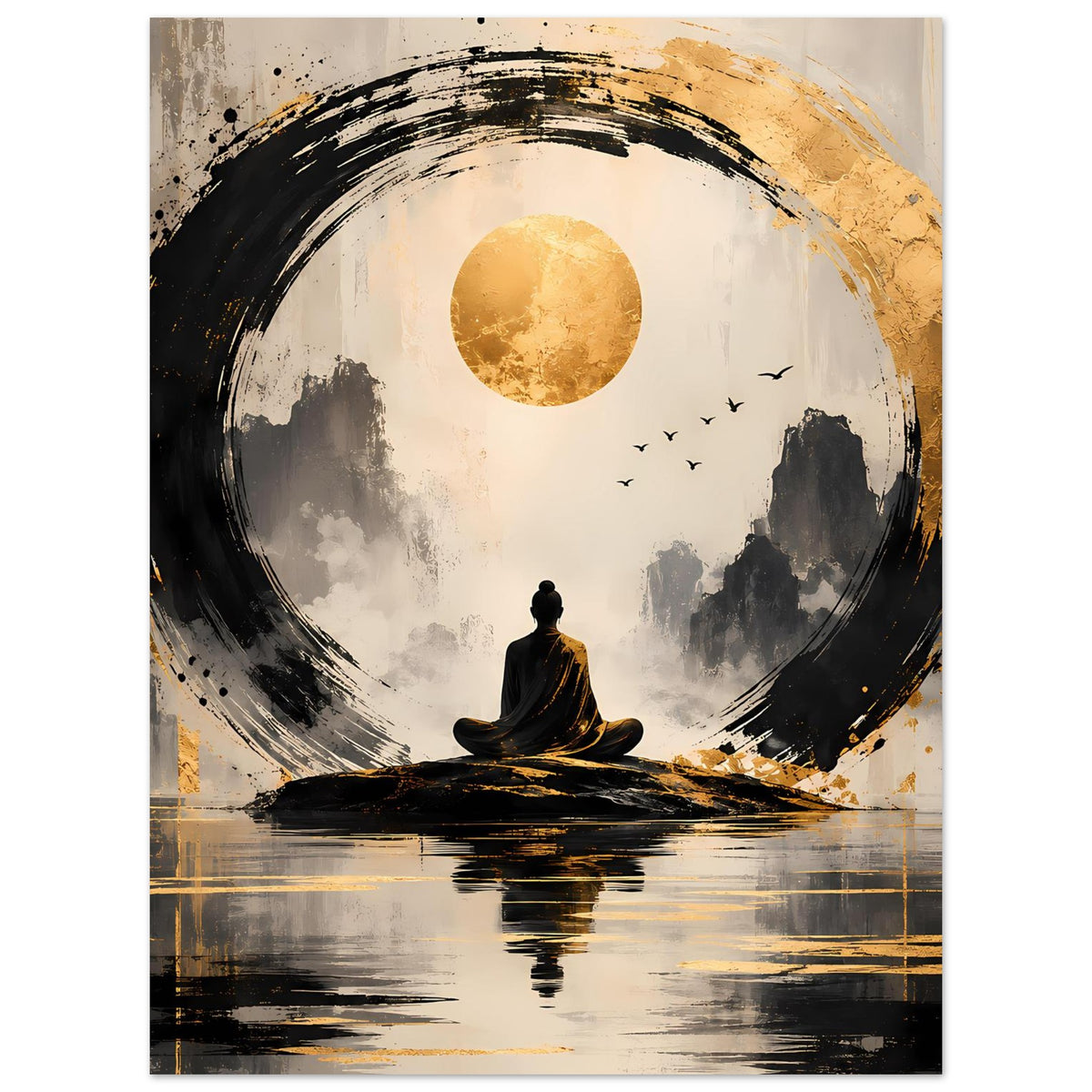 Zen-Kunstposter im Hochformat mit Meditationsfigur, goldener Sonne, Vögeln und schwarzem Kreis