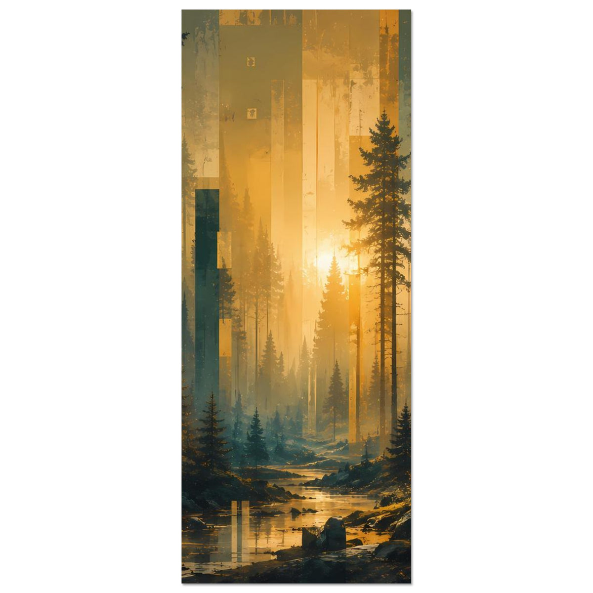Wandposter im Hochformat mit Sonnenaufgang im Wald, Bäume, Nebel und goldenes Licht