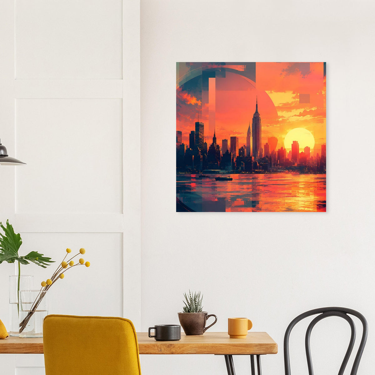 Quadratisches Wandposter mit Stadtpanorama bei Sonnenuntergang, Sonne und Wasserreflexionen.