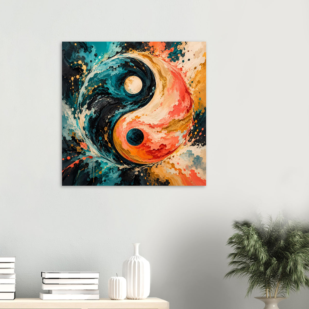 Kleines Yin-Yang-Kunstposter mit Wirbelstruktur, runden Kernen und Farbklecksen in Türkis und Orange