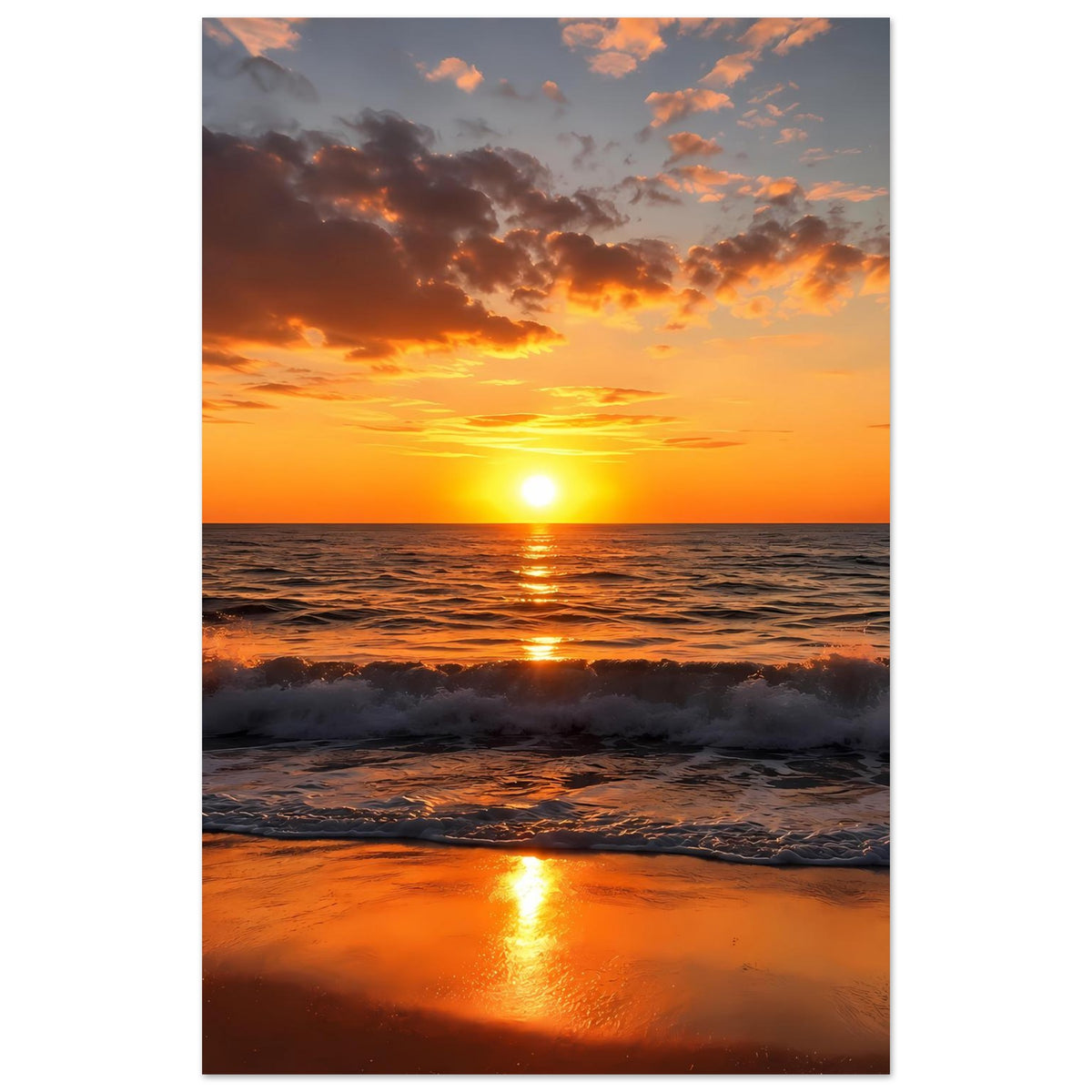 Poster im Hochformat: Sonnenuntergang am Meer mit Wellen und Sonnenreflex auf mattem Premium-Papier