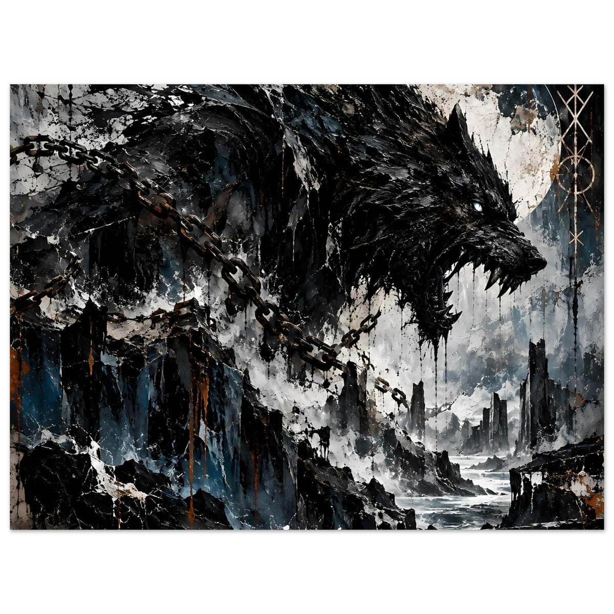 Wolfsposter mit Mond und Ketten über zerfallenen Gebäuden, düsteres Grau-Blau