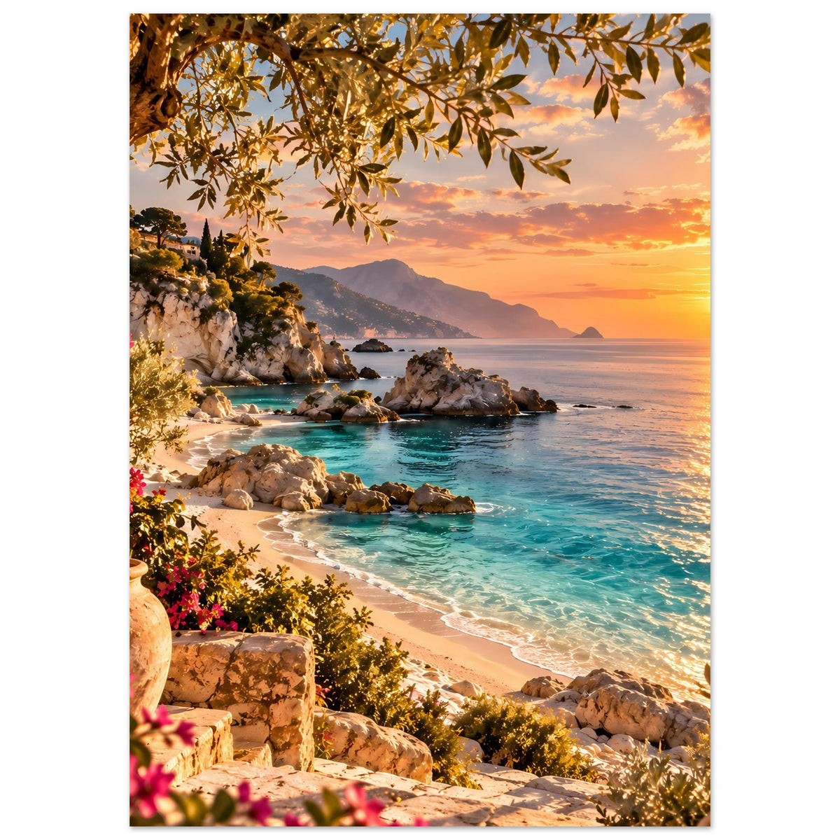 Strandposter mit Sonnenuntergang, Bucht, Felsen im Meer, Sandstrand und Pflanzen