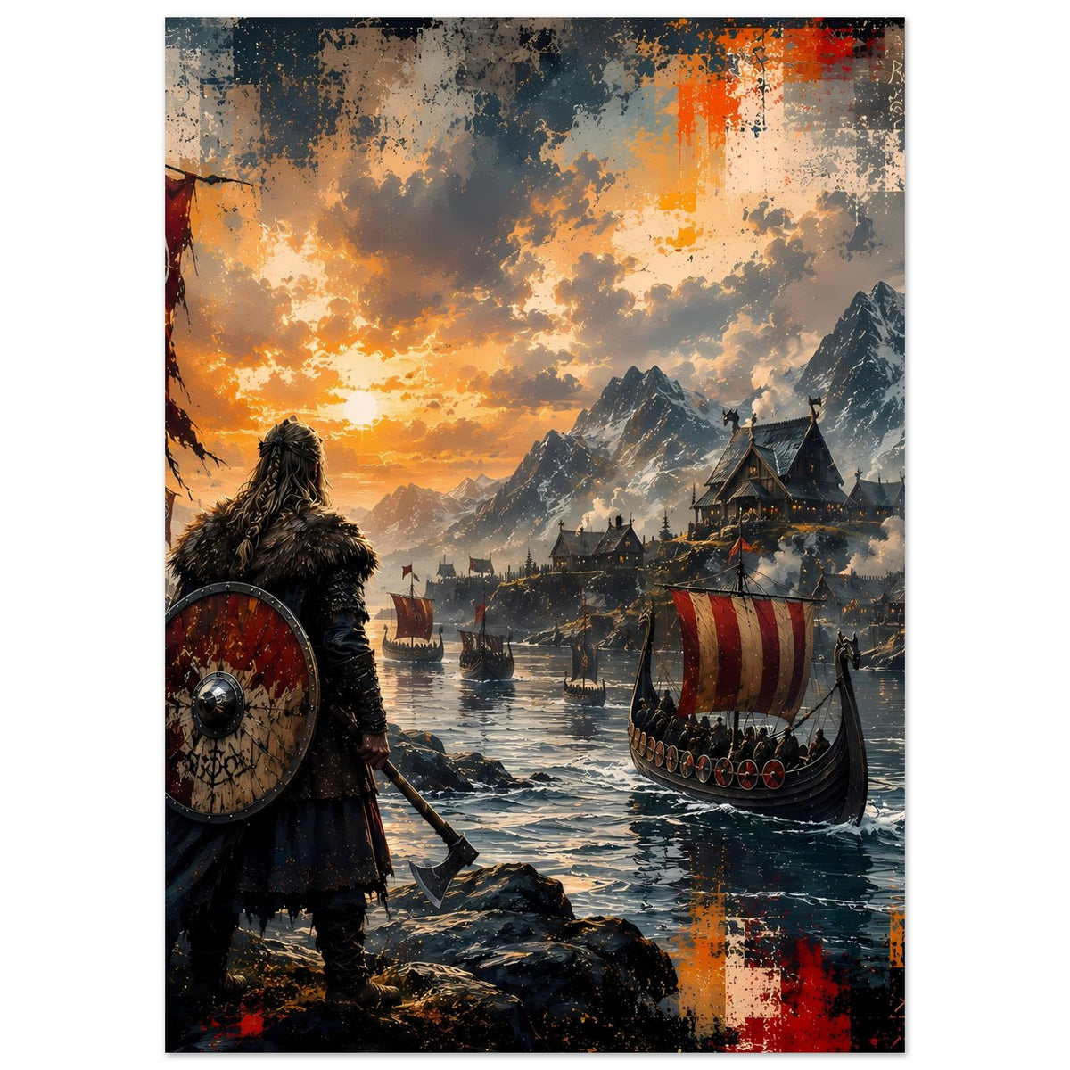 Wikinger-Saga-Poster mit Kriegerprofil, rundem rotem Schild und Langschiff am Wasser