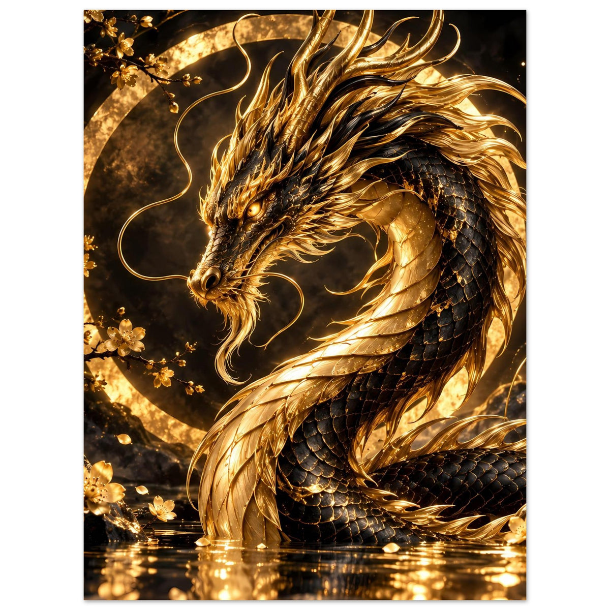 Drachen-Poster: goldener Drachenkopf und Hals, funkelnde Blüten im Kreis