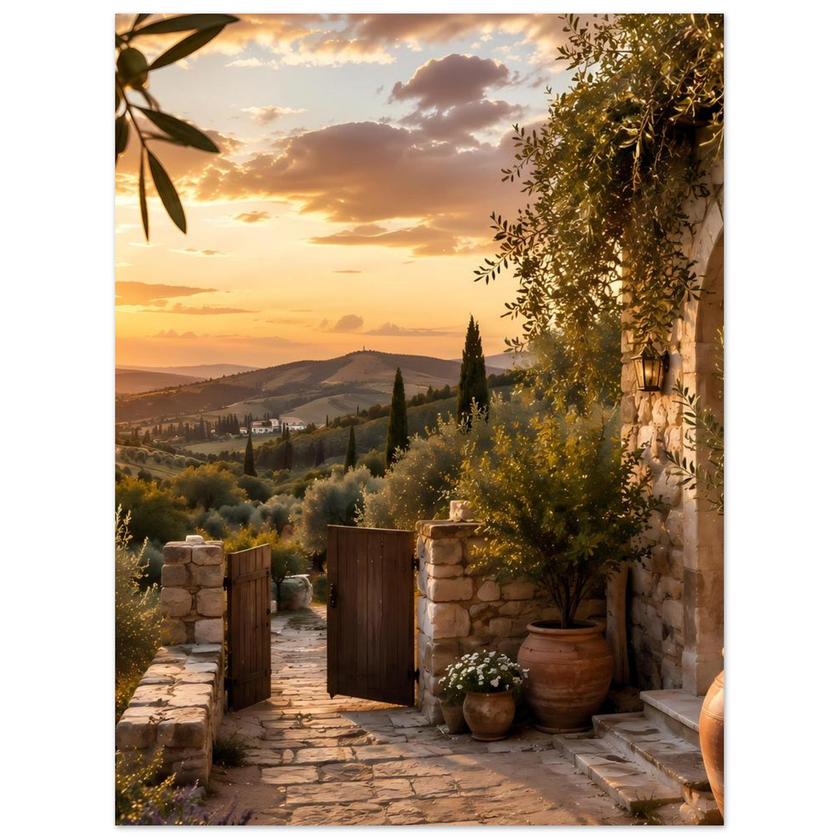 Kunstposter mit toskanischem Weg, Holztor und Steinsäulen bei goldener Abendsonne
