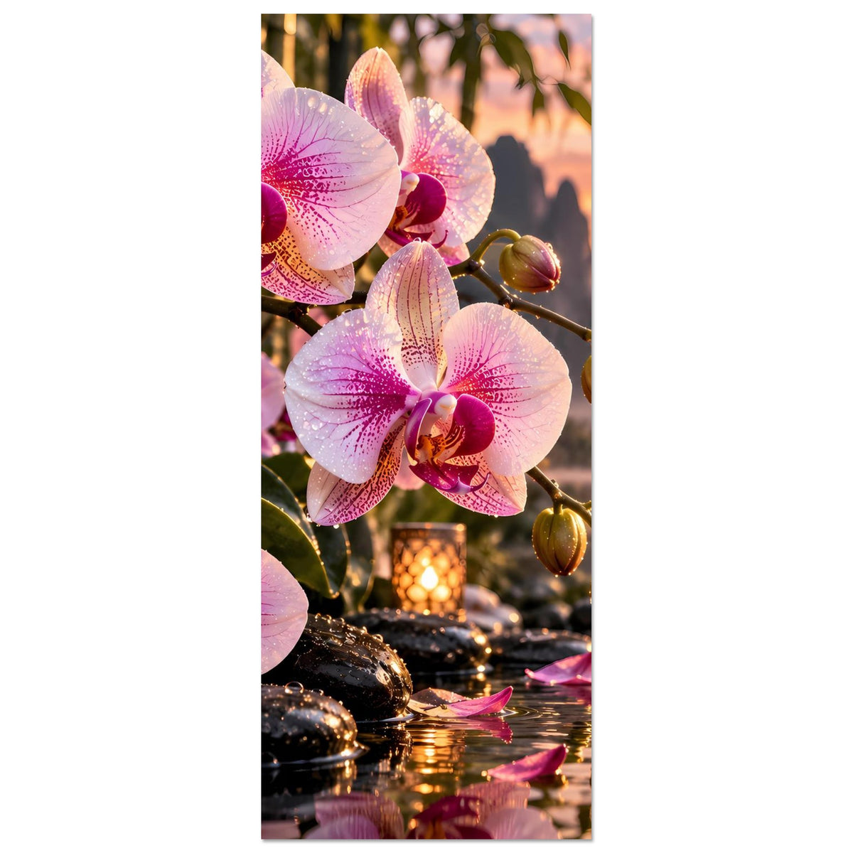 Hochkant-Poster mit rosa Orchideen und goldenen Kerzen am See