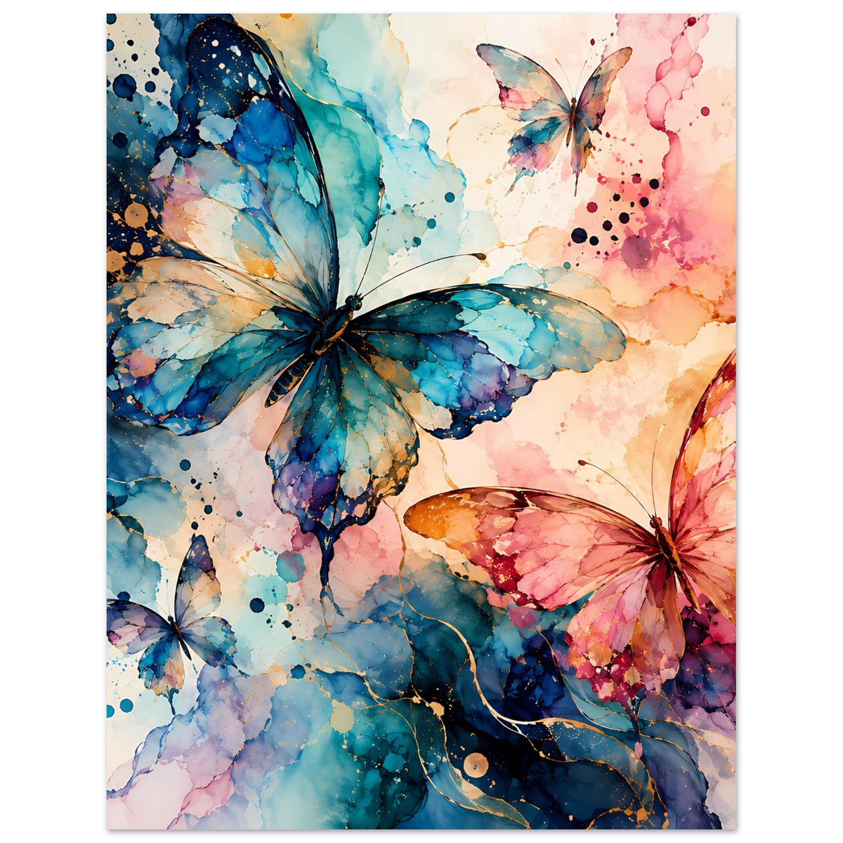 Vertikales Poster mit Aquarell-Schmetterlingen, Farbverlauf von Blau zu Rosa