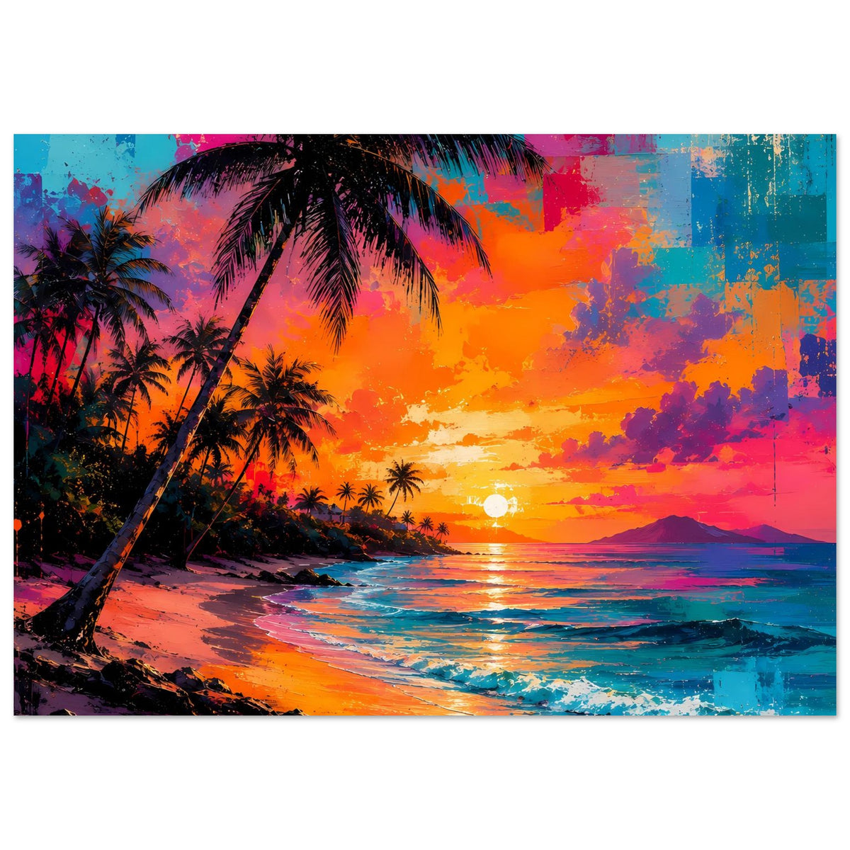Abstraktes Poster mit Palmenstrand und Neon-Sonnenuntergang, gerahmtes Motiv in kräftigen Farben