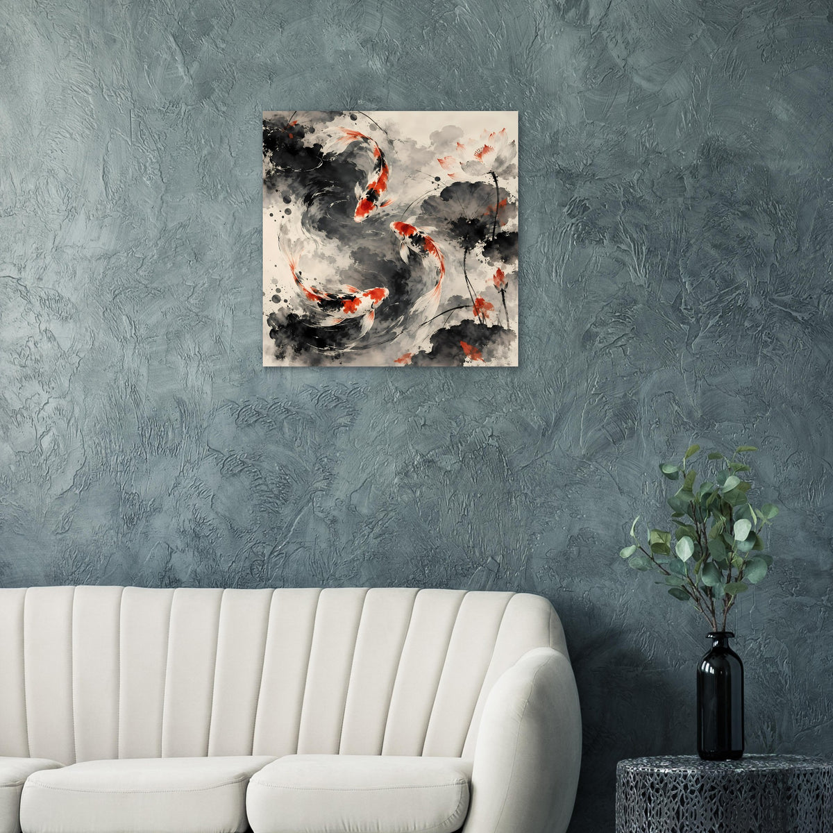 Koi-Fische Poster im Tusche-Stil, schwarze und orangefarbene Fische im Wasser wirbel