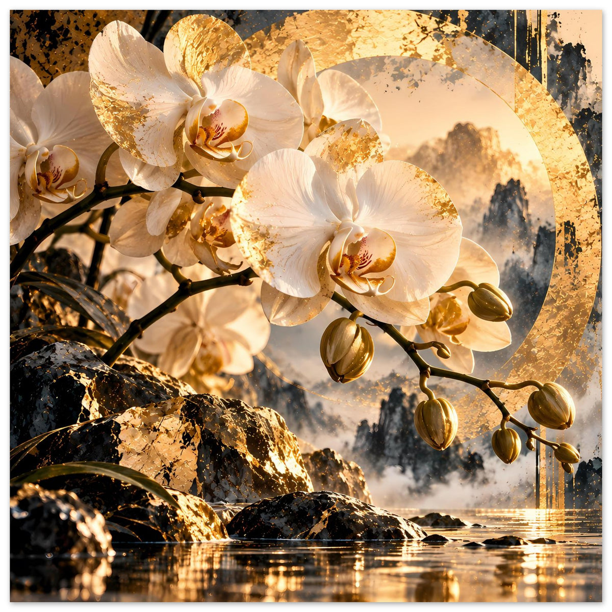 Orchideenblumen-Poster im Hochformat mit goldener Kreisfläche, weißen Blüten und Felsen