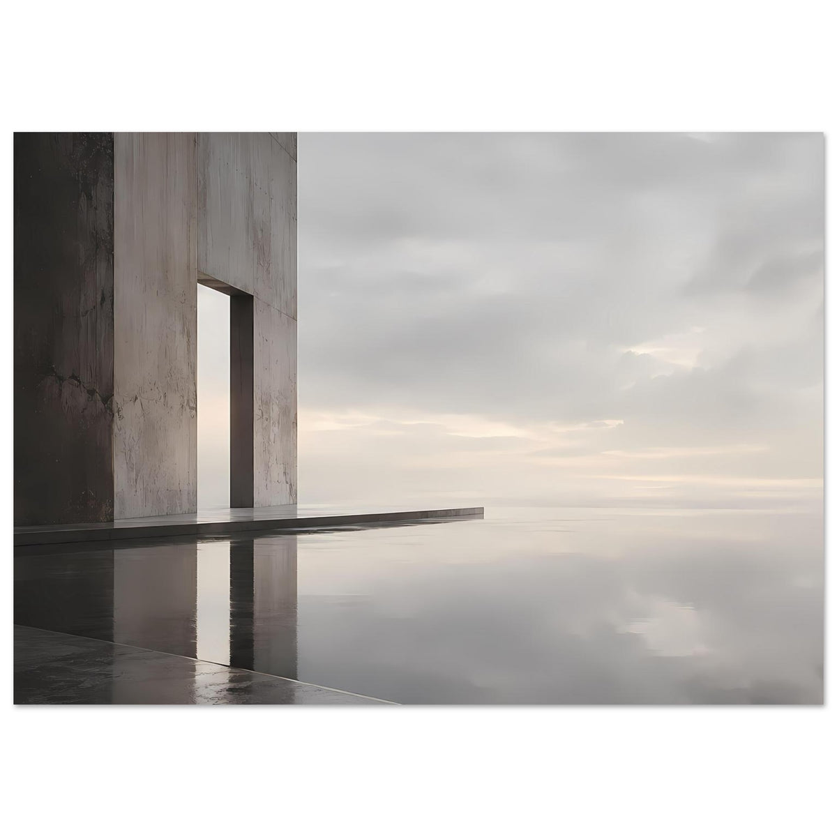 Horizontalformat Poster mit Betonbogen, reflektierender Wasserfläche und hellem Himmel