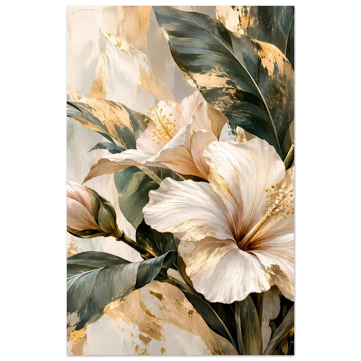 Blumenposter mit Nahansicht: weiße Blüte, goldene Staubfäden und dunkelgrüne Blätter