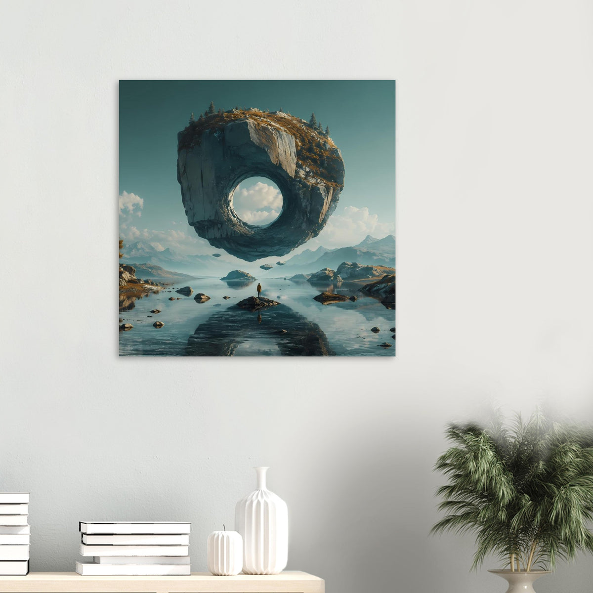 Surreales Poster: schwebender Felsring mit rundem Loch über blauem Bergsee