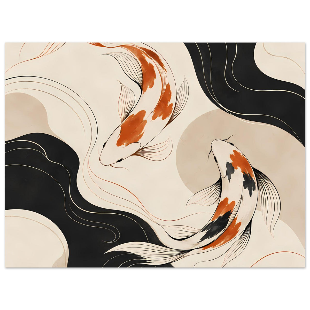 Querformat-Wandposter mit zwei bis drei Koi-Fischen in Schwarz, Beige und Orange