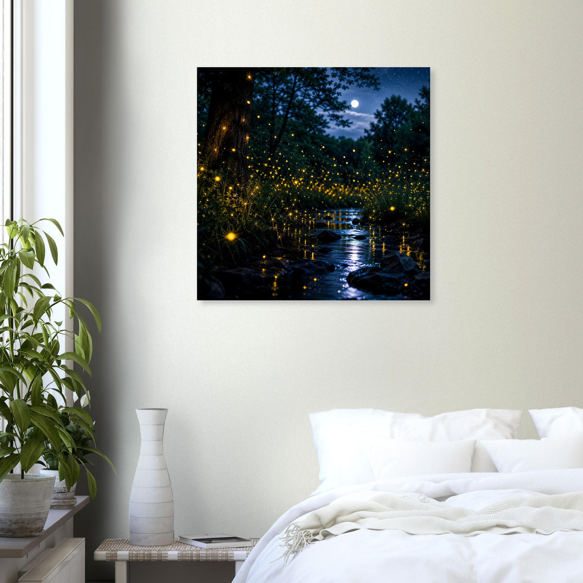Gerahmtes Poster mit schwarzem Rahmen und Lichtpunkten am Wasser in der Nacht
