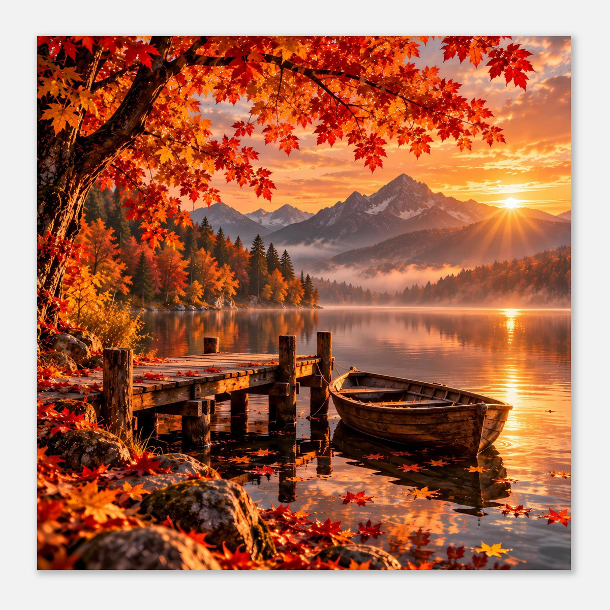 Herbstliches Berglandschafts-Poster mit Seeufer, Holzsteg, Boot und goldenem Licht