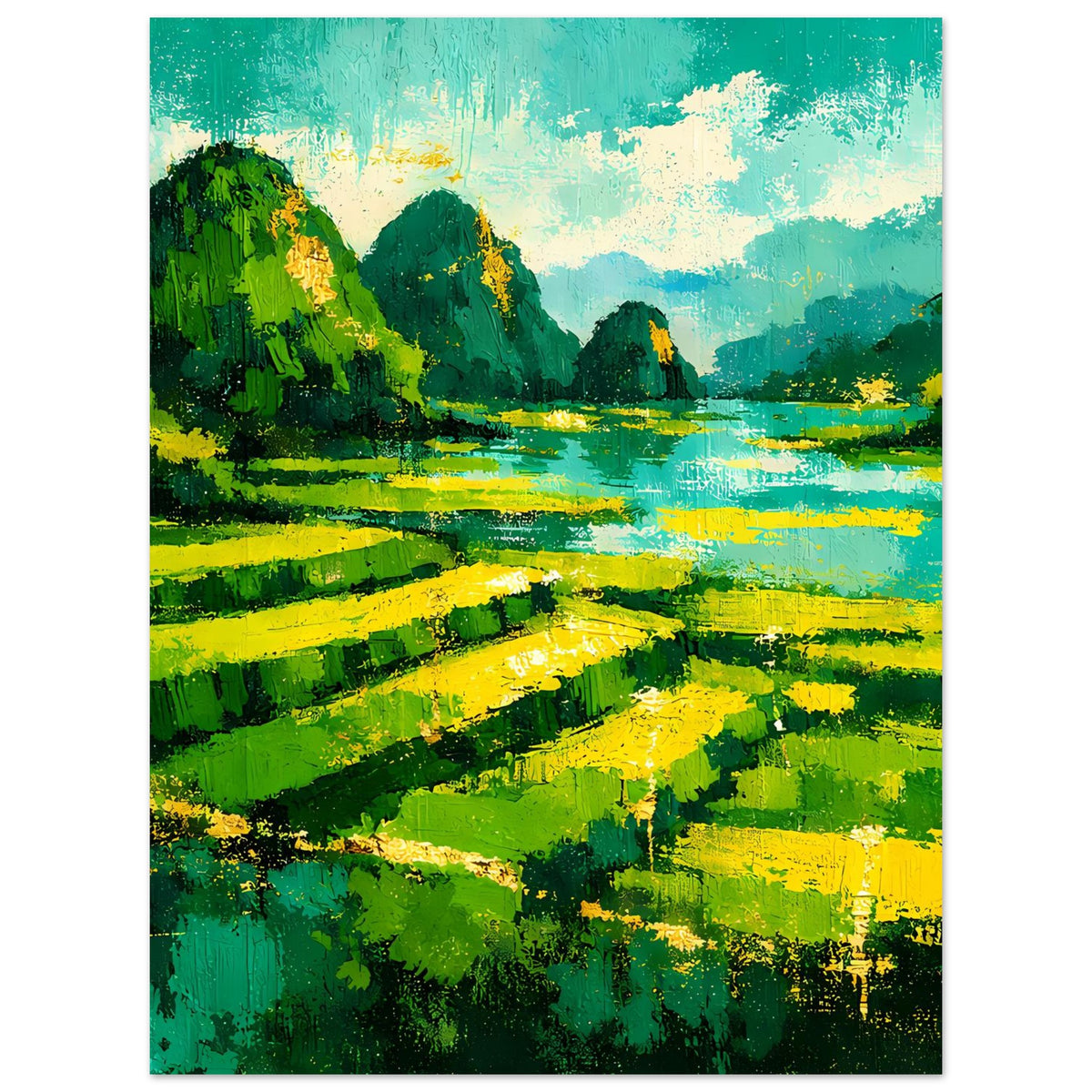 Landschaftsposter mit grün-gelbem Fluss und Bergsilhouetten, vertikal gerahmt.