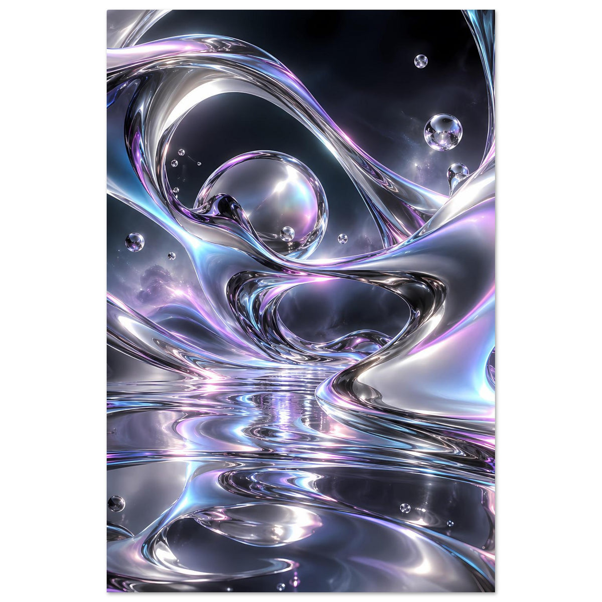 Poster im Hochformat mit flüssigem Chrom-Look, Spiegel-Reflexen und Blasen