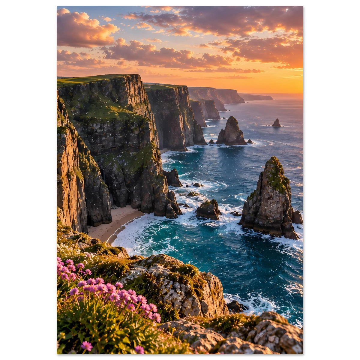 Vertikales Poster: Felsklippen am Meer bei Sonnenuntergang mit pinken Blumen unten links