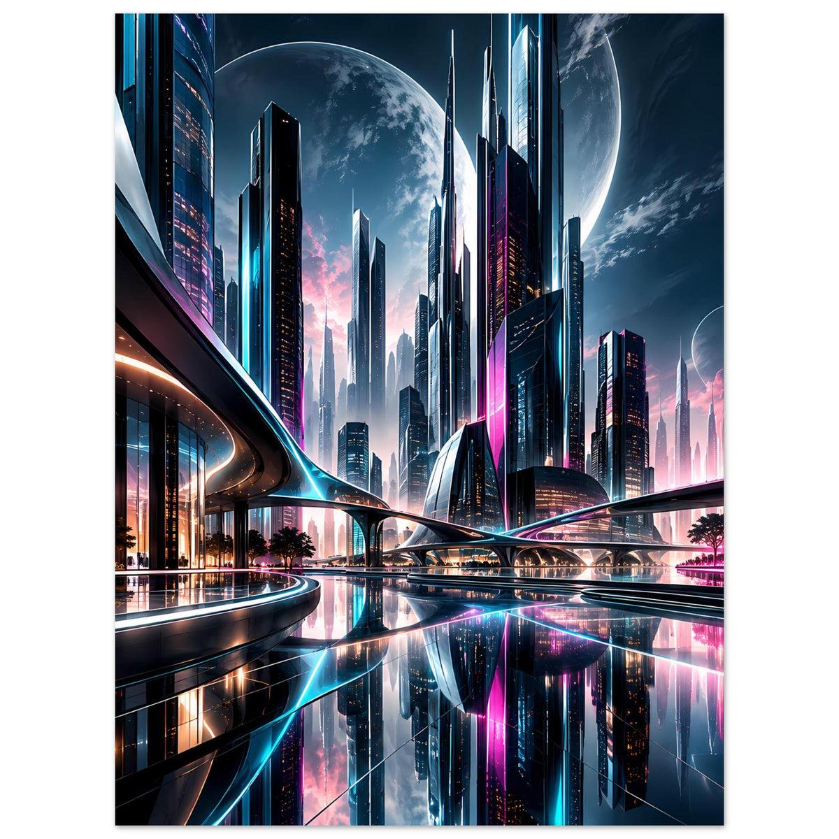 Neon-Stadt-Skyline-Poster (hochkant): Skyline mit gebogenen Brücken und lila-blauen Lichtern