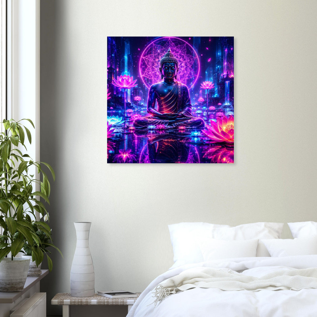 Buddha-Neonposter mit kreisförmigem Lichtglow, Lotusblüten und Meditationsbild