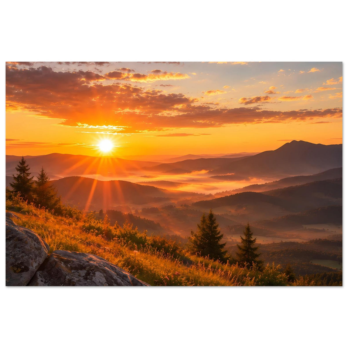 Landschaftsposter: goldene Sonne im Abendhimmel, Berge, Nebel und Nadelbäume, gerahmt