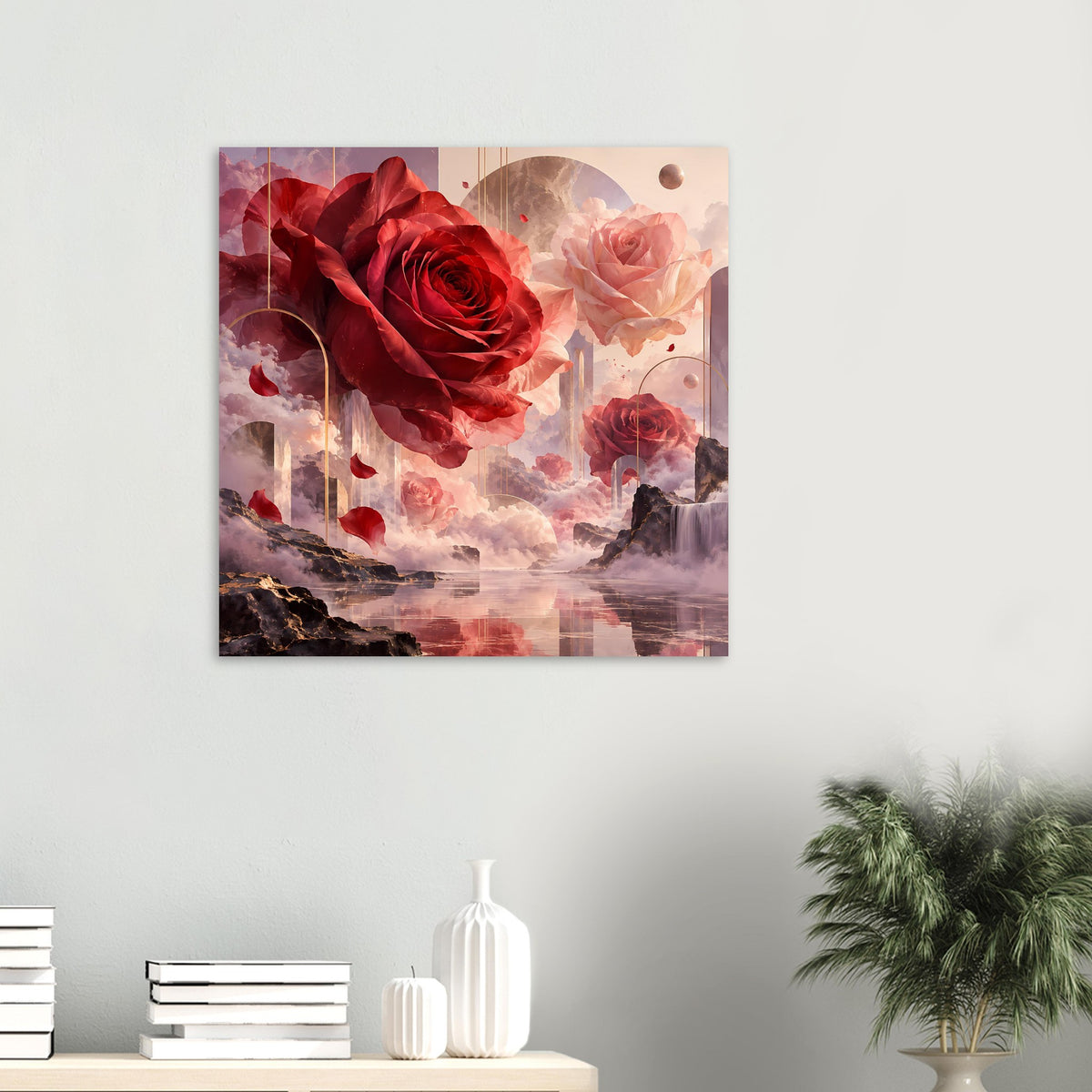 Poster mit surrealen roten und roséfarbenen Rosen, vertikal