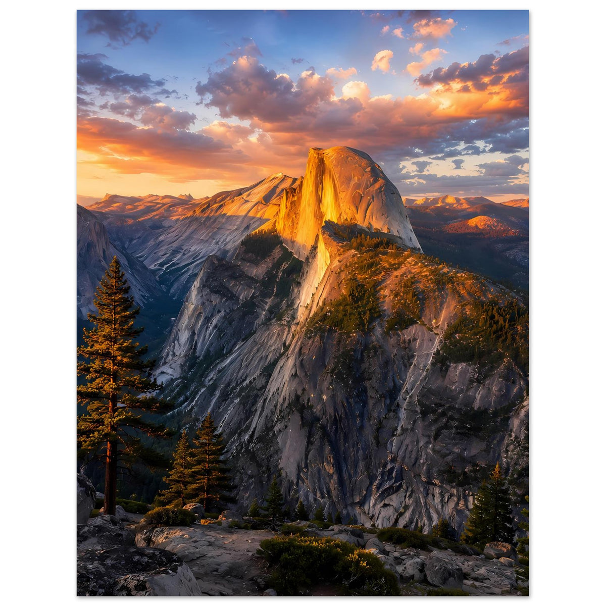 Wandposter im Hochformat: Bergmassiv bei Sonnenuntergang mit Tannen im Vordergrund