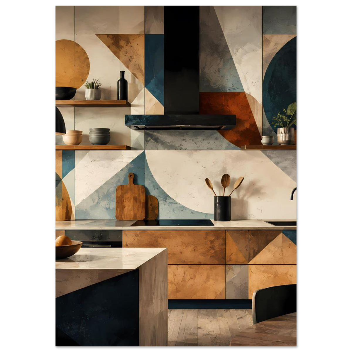Hochkant-Küchenkunstposter mit geometrischer Küchenszene: Herd, Küchenfront und Schneidebrett