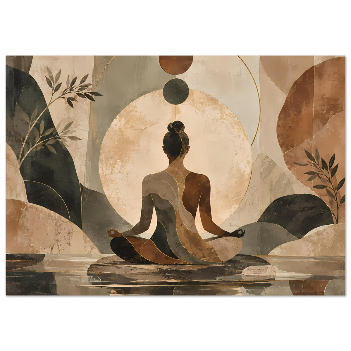 Meditatives Abstract-Poster mit zentraler Meditationsfigur, Bogenkreis und erdigen Farbfeldern