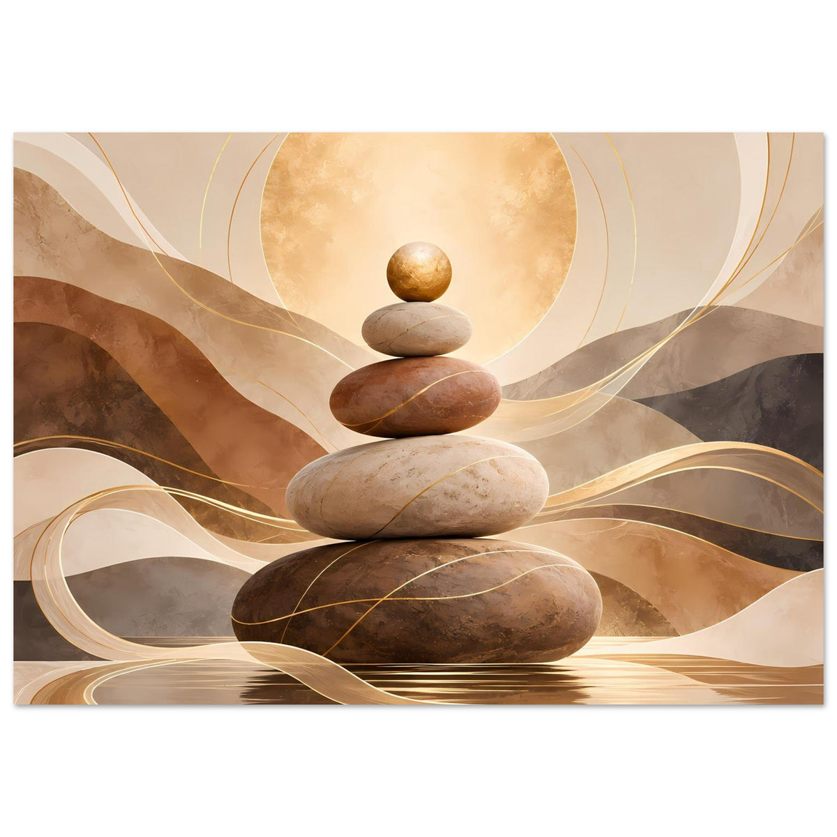 Zen-Poster: Stapel Steine mit goldenen Kreisbögen und Wellen in Braun und Beige