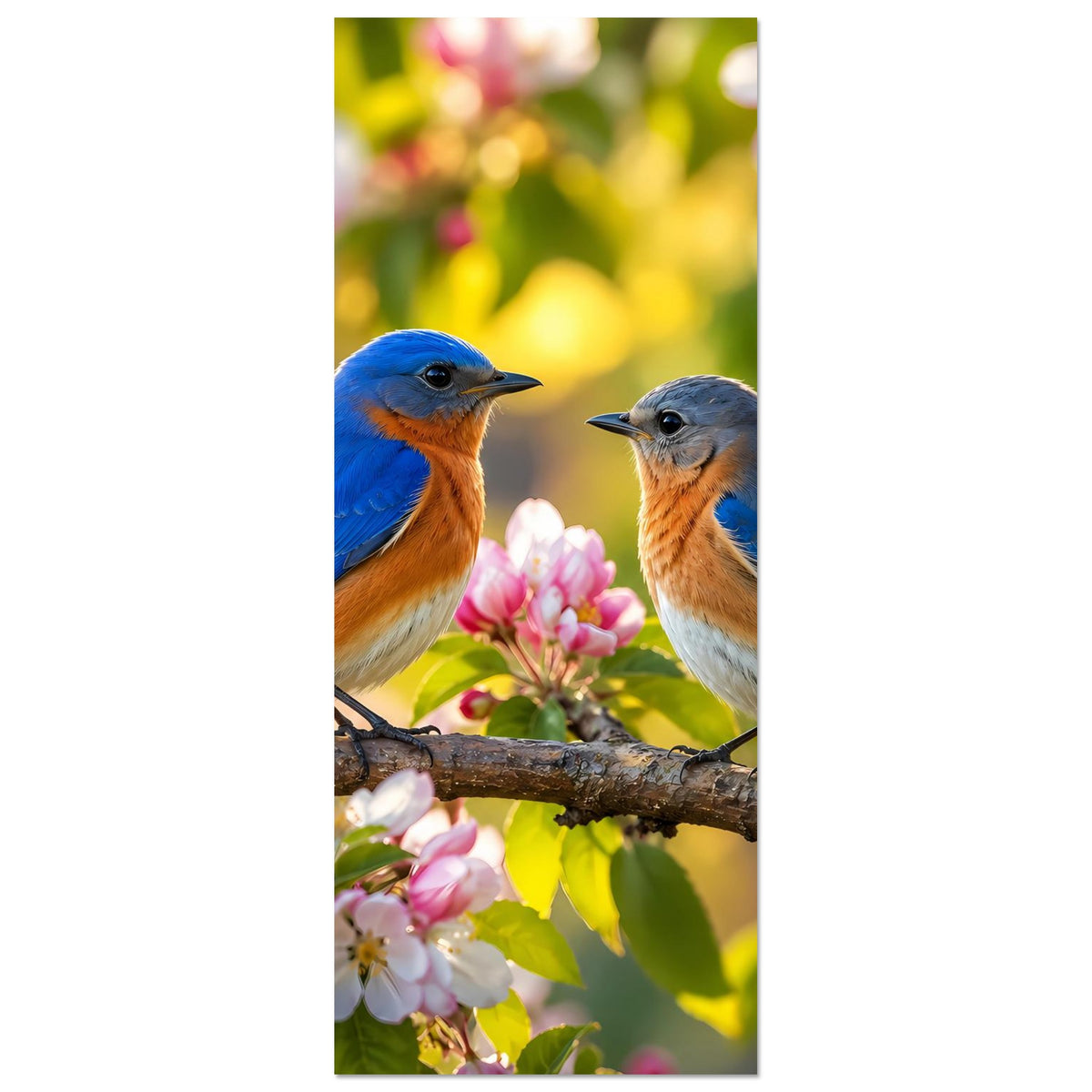 Vertikales Poster mit zwei Blaumeisen auf Ast und rosa Blüten im Ausschnitt