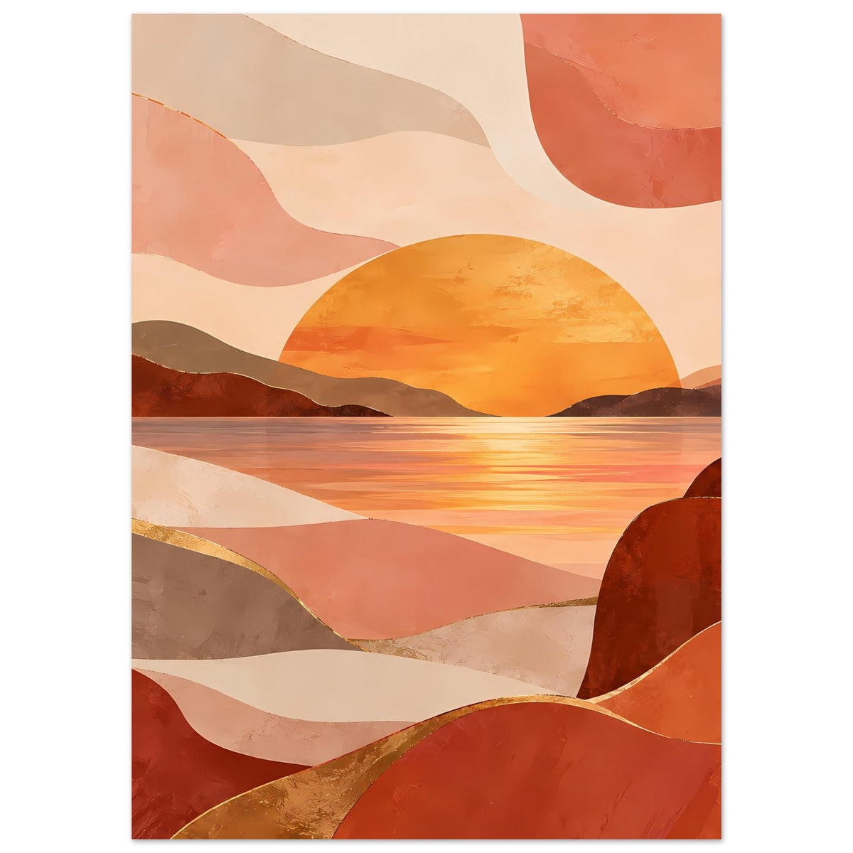 Poster mit warmen Farbfeldern: Sonne am Horizont, Berge in Braun und rotorangefarbenem Wasser