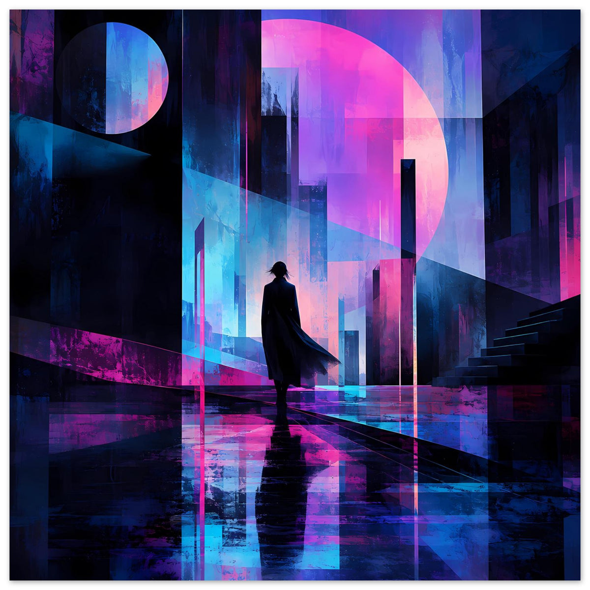 Neon-Nachtstadt-Poster im Querformat: Silhouette mit Umhang, blaue und pinke Lichtreflexe