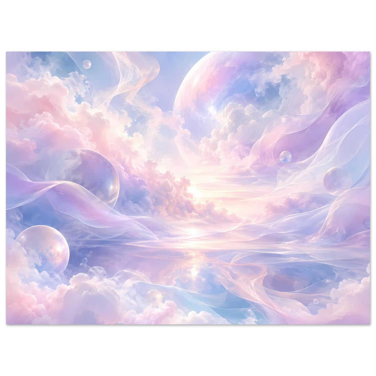 Poster im Querformat mit Traumwolken, violett-blauen Planeten und glühendem Horizontlicht