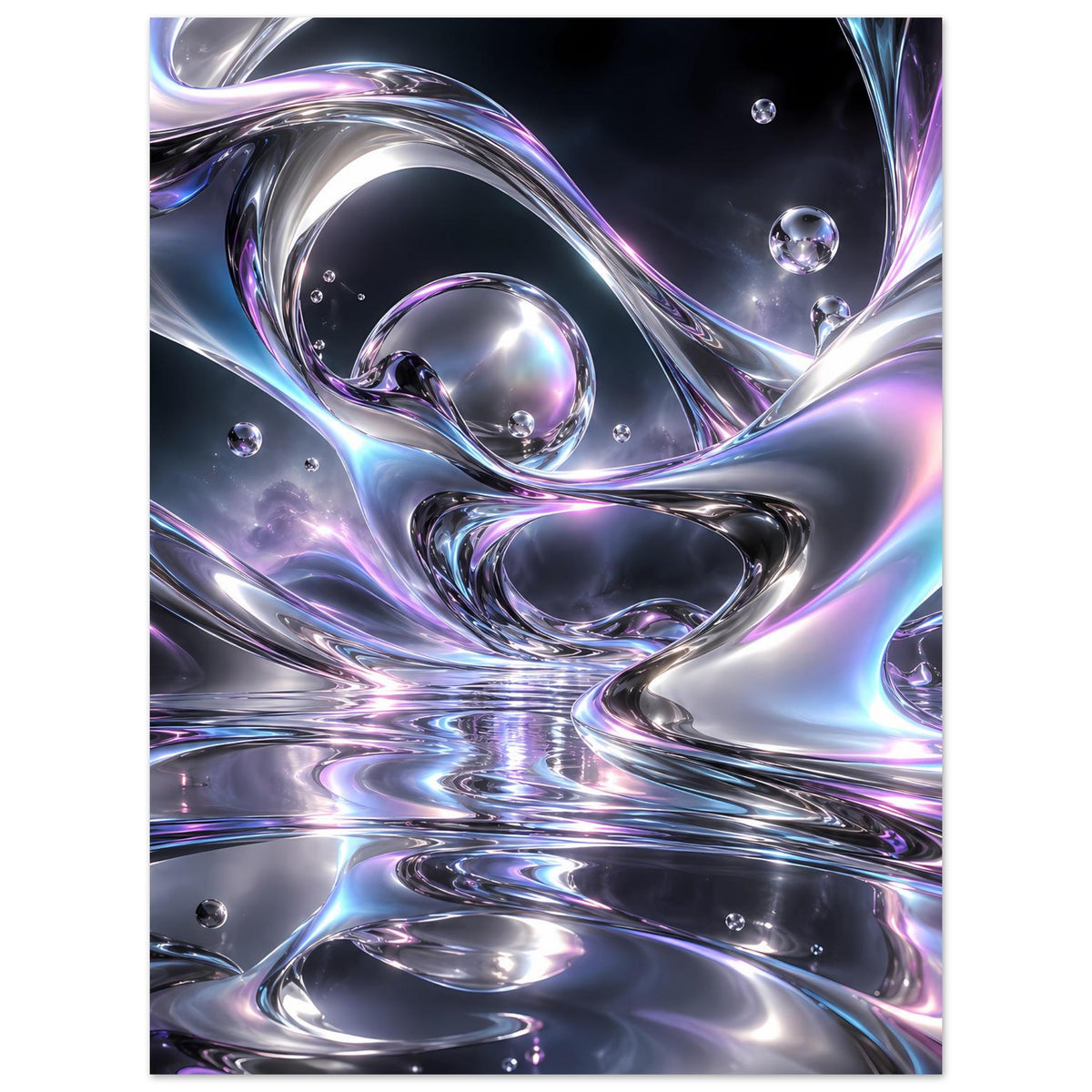 Chrom-Liquid-Poster (Hochformat) mit Chromwellen, irisierenden Highlights und Kugeln