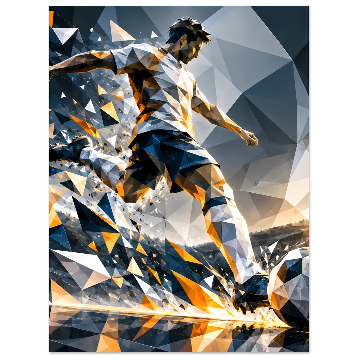 Fußballposter im Hochformat: Spieler im Sprung, abstrakte Blau-Orange-Geometrie.