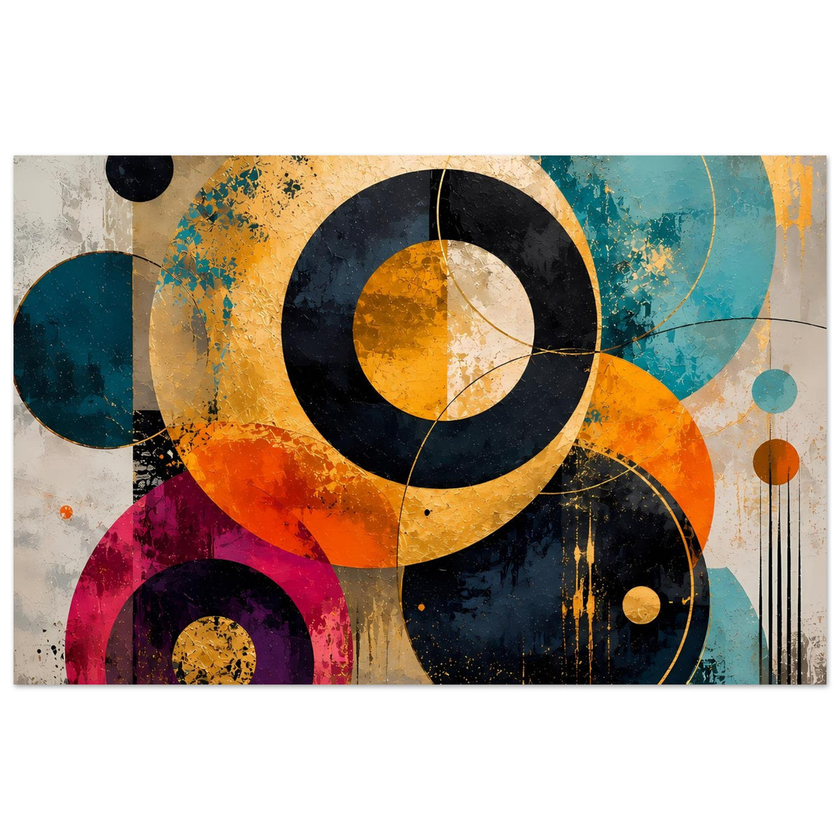Abstraktes Kreis-Poster mit bunten Ringen, Spritzern und Formen in Blau, Orange und Rosa