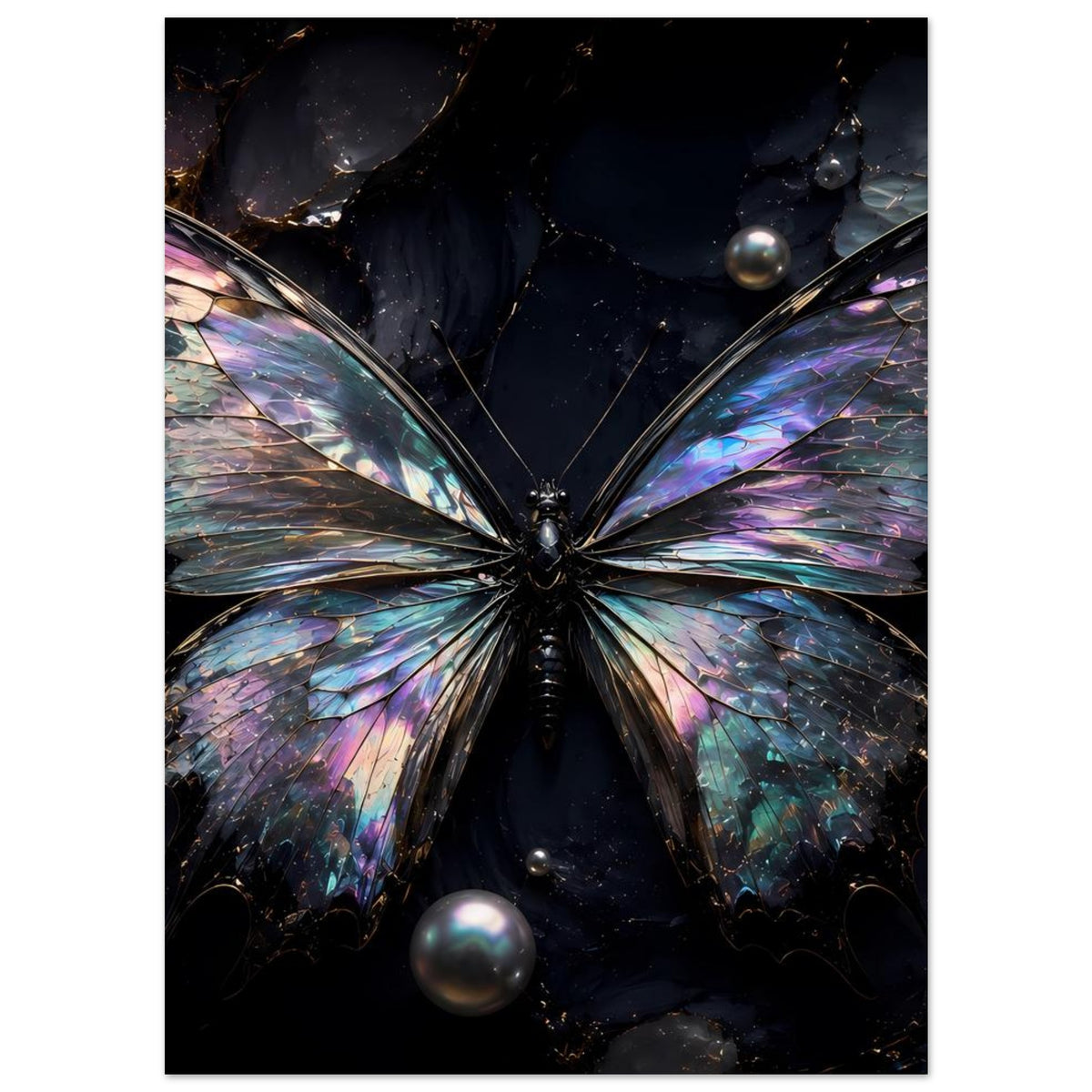 Schmetterling-Poster mit irisierenden Flügeln in Blau, Lila und Pink auf dunklem Hintergrund