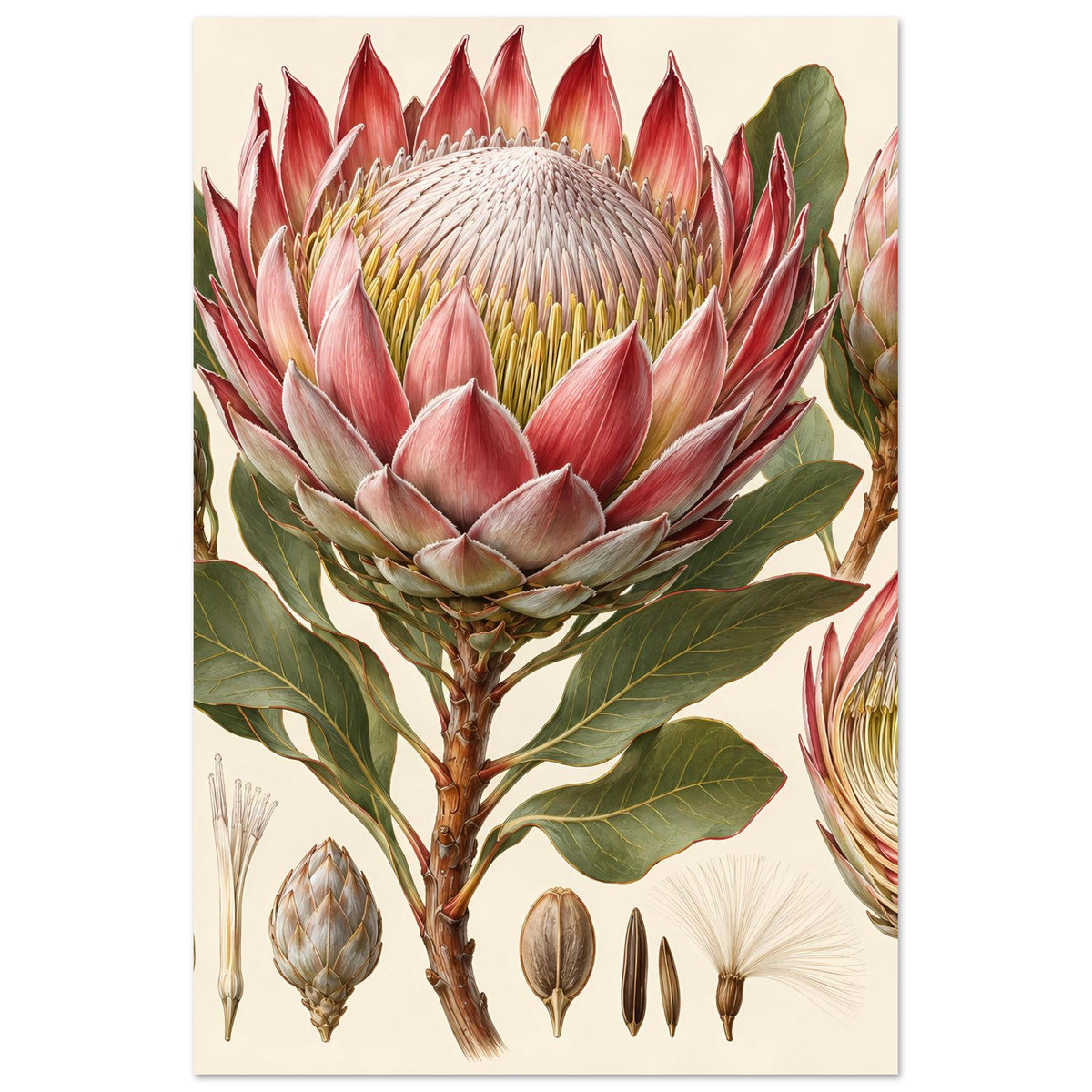 Poster mit Protea-Blumenillustration, einzelne Blüte mittig und Nebenblüten rechts unten