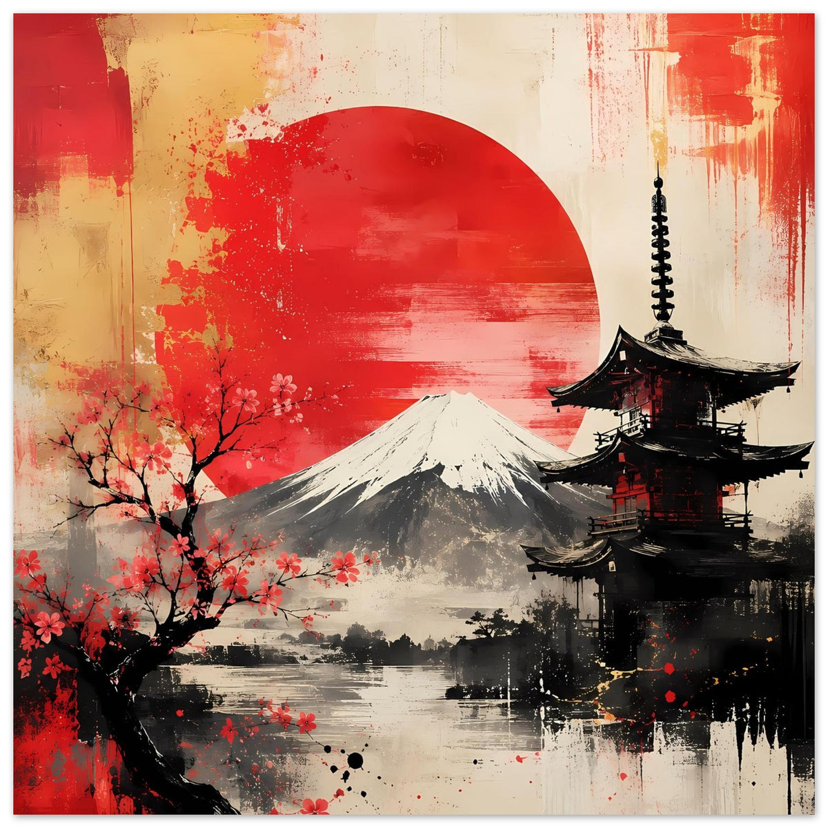 Poster-Print mit roter Sonne, Mount Fuji-Berg, Pagode und roten Kirschblüten