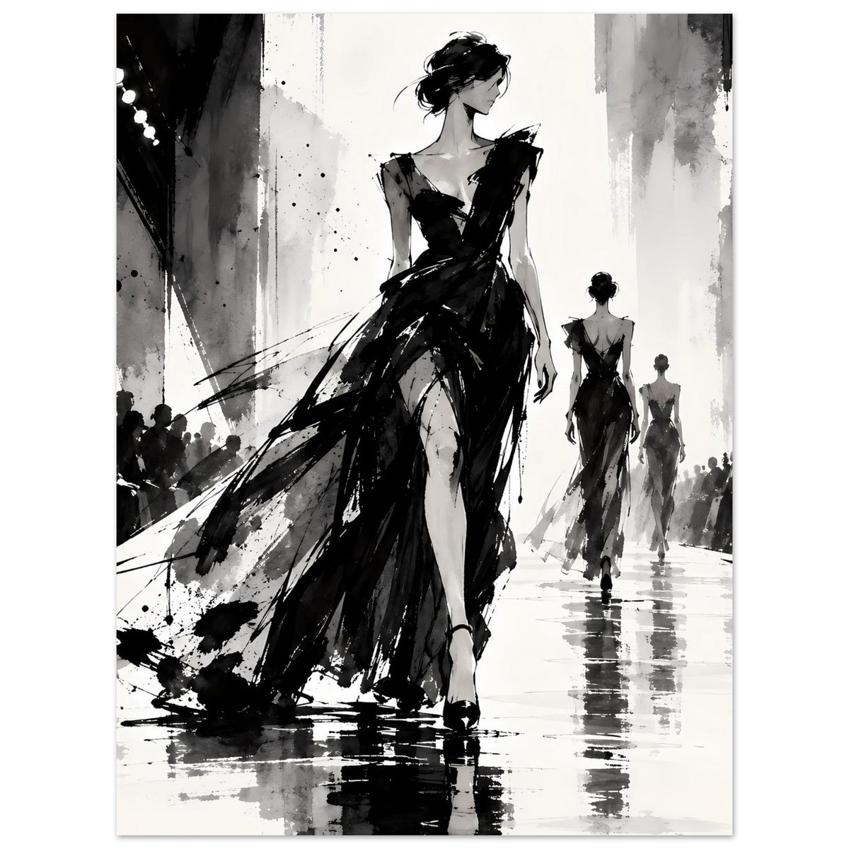 Mode-Illustrationsposter: Hauptfigur im schwarzen Abendkleid, drei weitere Modelle im Hintergrund