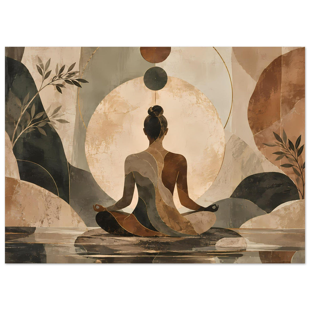 Meditations-Kunstdruck mit sitzender Figur, Pflanzenranken links und rechts, Erdtöne