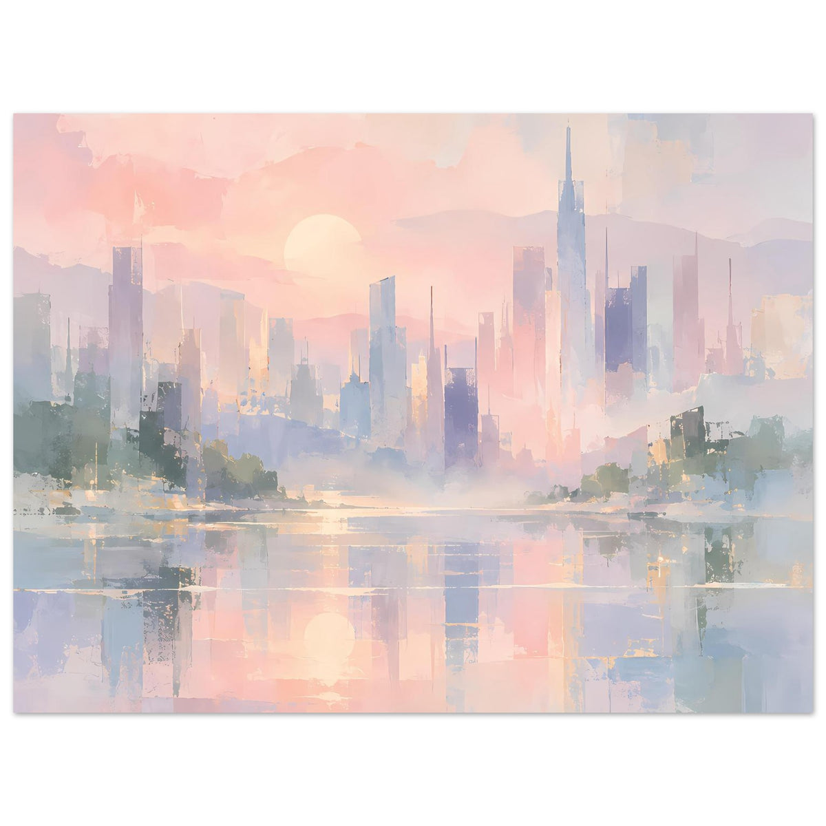 Abstraktes Poster mit Skyline und Wasserreflexionen, Pastellfarben, Querformat