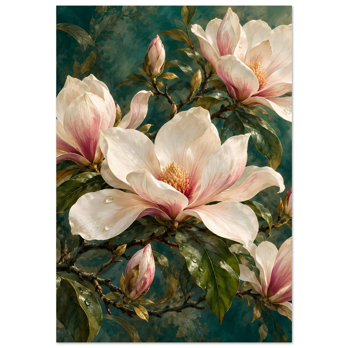 Rechteckiges Poster mit Cremefarbenen Magnolienblüten und rosa Knospen auf verzweigten Ästen