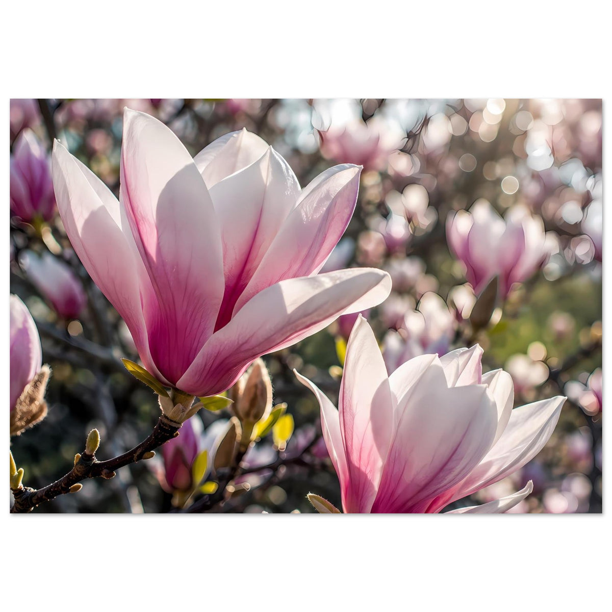 Poster mit großen rosa-weißen Magnolienblüten und Knospen am Ast