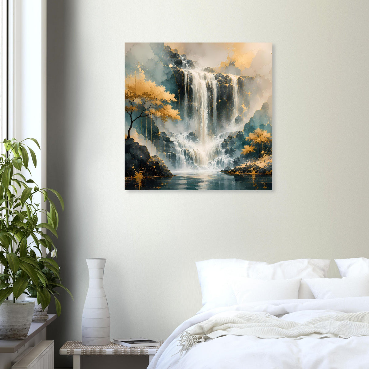 Quadratisches Wandposter mit Wasserfall-Motiv in warmen Gold- und Blautönen