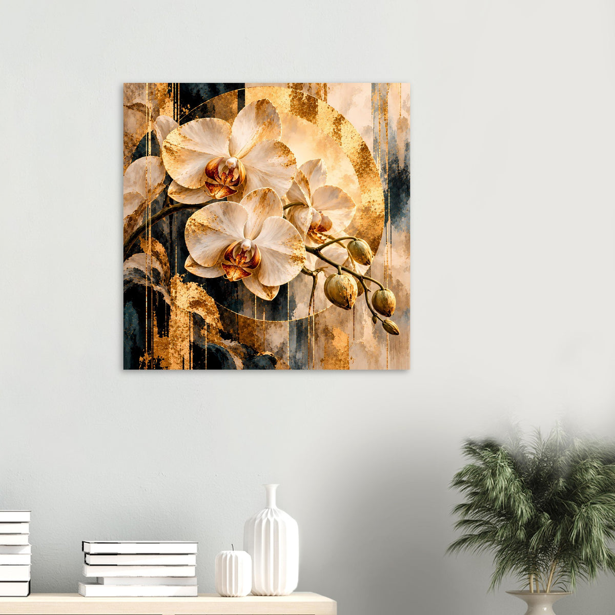 Orchideen-Wandposter (klein) im Querformat: weiße Orchideenblüten und goldfarbene Kreise